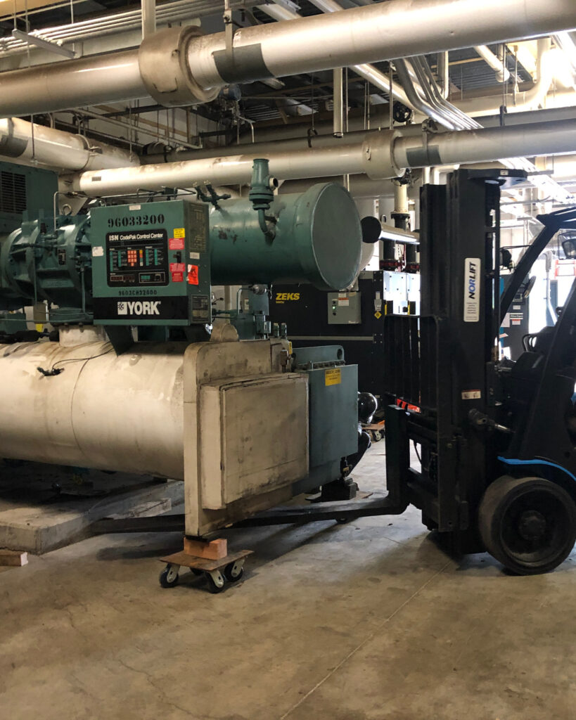 Old chiller unit under demolition at baked goods manufacturing facility